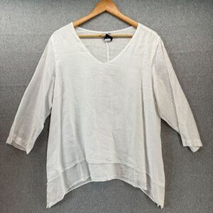 La Fixsun White Women's Size Medium V-Neck Linen Shirt Top Asymmetrical Hem FLAW